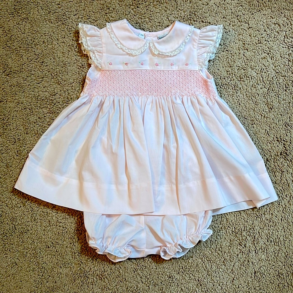 Baby girl smocked pale pink dress by Friedknit Creations, size 3 mo.